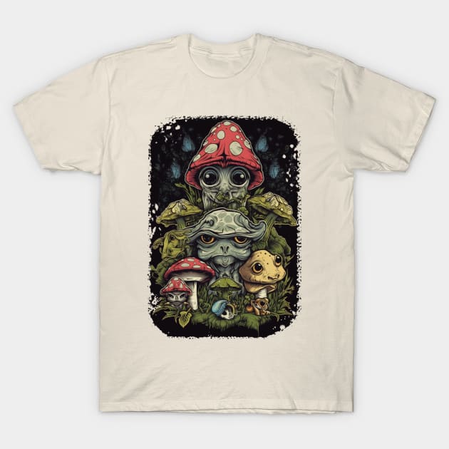 Frogs And Shrooms T-Shirt by Obotan Mmienu